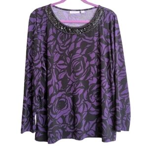 Susan Graver Liquid Knit Blouse Black & Purple Floral Print Decorative Neckline